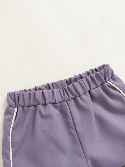 SHEIN مجموعة من 2 قطعة ملابس علوية بسحّاب نصفي وشورت بطراز رياضي باللون البنفسجي للأولاد، مناسبة للأنشطة الخارجية ، الصيف