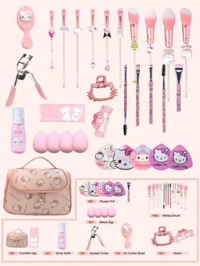 Sanrio مجموعة أدوات تجميل سانريو مكونة من: 1 حقيبة مكياج سحاب متعددة الوظائف، 14 طقم فرشاة مكياج + 4 إسفنجات مكياج + 5 هالو كيتي مليودي إسفنجات تجميل + 1 فرشاة أساس هالو كيتي + 1 قابض كبير هالو كيتي + 1 قابض صغير هالو كيتي + 1 رذاذ هالو كيتي + 1 مشط...