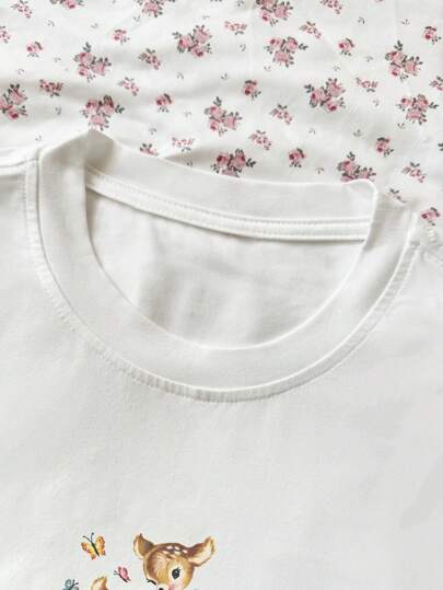 EZwear تي شيرت نسائي كاجوال بياقة دائرية وأكمام قصيرة بطبعة غزلان كرتونية