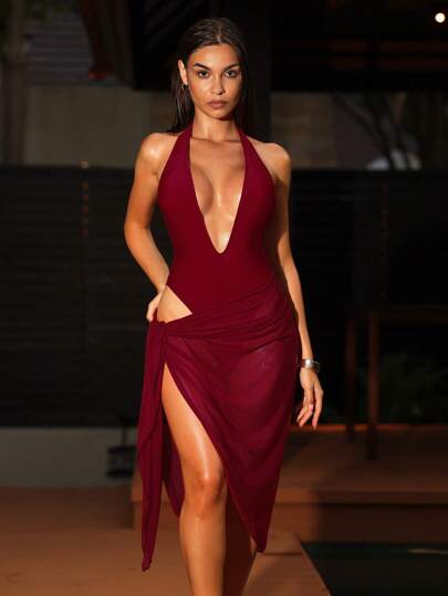 Glamine 2 قطعة مجموعة بكيني صيفي للنساء بتصميم قبالة الظهر كشكشة حماية شمس مكشوفة الظهر باللون الأحمر البوردو، لإجازة البحر