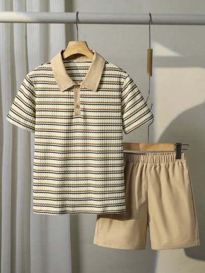 SHEIN Vacaura مجموعة بولو قميص وشورت مخطط وذو نسيج شبكي لكبار الأطفال، مناسبة للارتداء اليومي والترفيه خلال فصل الصيف، 2 قطعة