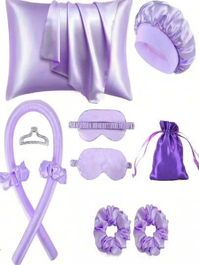 10 قطع مجموعة أدوات تصفيف الشعر للنوم، 1 قطعة غطاء وسادة حرير للشعر والبشرة مقاس ملكي، مجموعة تجعيد بدون حرارة من الحرير، مكواة تجعيد للنوم، 1 قطعة قناع عين ناعم للنوم، 1 قطعة قبعة ليلية من الحرير، مجموعة أساسيات النوم