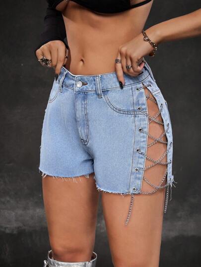 SHEIN ICON شورتات جينز نسائية مثيرة مزودة بجيوب وحواف مهترئة وربط