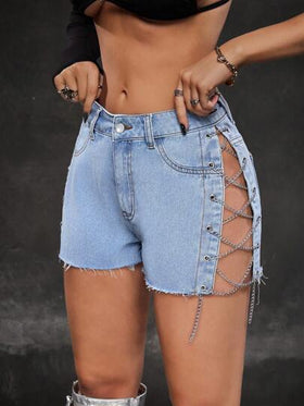 SHEIN ICON شورتات جينز نسائية مثيرة مزودة بجيوب وحواف مهترئة وربط