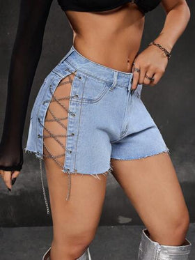SHEIN ICON شورتات جينز نسائية مثيرة مزودة بجيوب وحواف مهترئة وربط