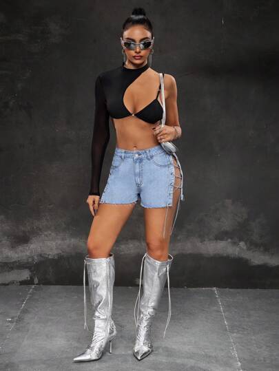 SHEIN ICON شورتات جينز نسائية مثيرة مزودة بجيوب وحواف مهترئة وربط