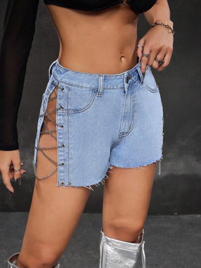 SHEIN ICON شورتات جينز نسائية مثيرة مزودة بجيوب وحواف مهترئة وربط