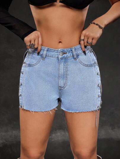 SHEIN ICON شورتات جينز نسائية مثيرة مزودة بجيوب وحواف مهترئة وربط