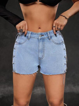 SHEIN ICON شورتات جينز نسائية مثيرة مزودة بجيوب وحواف مهترئة وربط