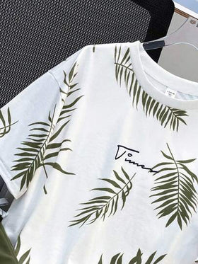SHEIN طقم من 2 قطعة تي شيرت بطبعة استوائية وشورت بحبال خصر للمراهقين؛ ملابس ربيعية؛ ملابس أولاد المراهقين؛ جواكيت أطفال، ملابس العودة للمدرسة في الربيع