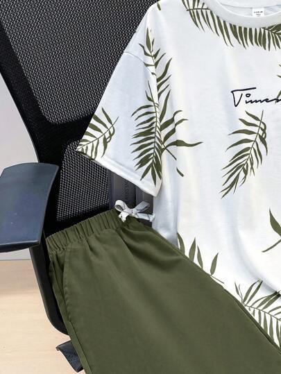 SHEIN طقم من 2 قطعة تي شيرت بطبعة استوائية وشورت بحبال خصر للمراهقين؛ ملابس ربيعية؛ ملابس أولاد المراهقين؛ جواكيت أطفال، ملابس العودة للمدرسة في الربيع