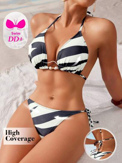 Swim DD+ طقم بيكيني للنساء به حمالة رقبة سباغتي مع طبعات زيبرا مخرم والحزام الجانبي , تصميم أنيق وجذاب للصيف