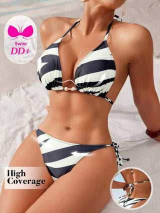 Swim DD+ طقم بيكيني للنساء به حمالة رقبة سباغتي مع طبعات زيبرا مخرم والحزام الجانبي , تصميم أنيق وجذاب للصيف