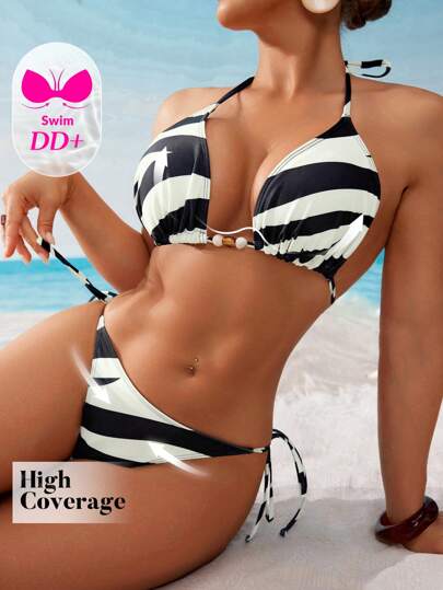 Swim DD+ طقم بيكيني للنساء به حمالة رقبة سباغتي مع طبعات زيبرا مخرم والحزام الجانبي , تصميم أنيق وجذاب للصيف