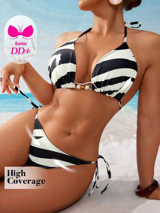 Swim DD+ طقم بيكيني للنساء به حمالة رقبة سباغتي مع طبعات زيبرا مخرم والحزام الجانبي , تصميم أنيق وجذاب للصيف