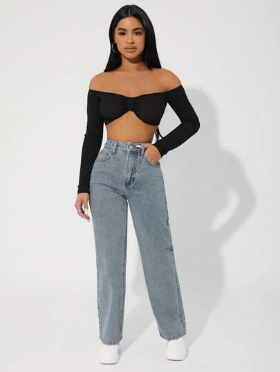 SHEIN PETITE جينز ذو قصة عالي الخصر تقليدية مع ساق ممتدة