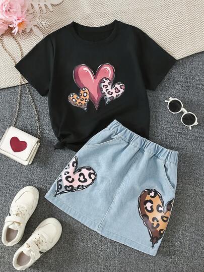 girls-sets طقم تيشرت كاجوال آكم قصيرة وشورت جينز مطبوع عليه قلب للفتيات المراهقات، للخريف/الصيف
