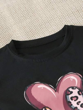 girls-sets طقم تيشرت كاجوال آكم قصيرة وشورت جينز مطبوع عليه قلب للفتيات المراهقات، للخريف/الصيف