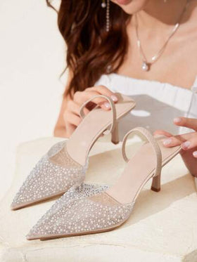 CUCCOO CHICEST أحذية كعب عالٍ للسيدات بأصابع مدببة شفافة مزينة بالراين والؤلؤ، جذاب وأنيق