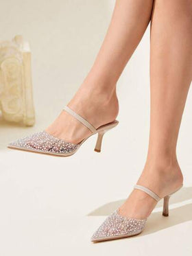 CUCCOO CHICEST أحذية كعب عالٍ للسيدات بأصابع مدببة شفافة مزينة بالراين والؤلؤ، جذاب وأنيق