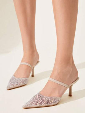 CUCCOO CHICEST أحذية كعب عالٍ للسيدات بأصابع مدببة شفافة مزينة بالراين والؤلؤ، جذاب وأنيق