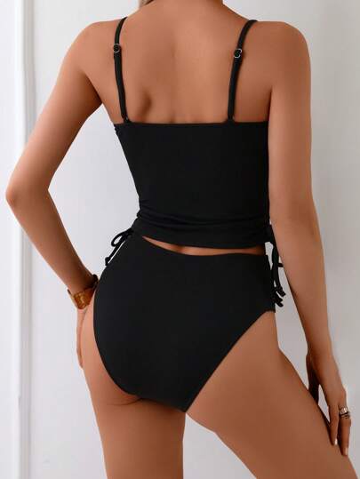 طقم تانكيني حريمي Swim Basics مجموعة قطعتين من الملابس النسائية الصيفية الكاجوال تتكون من توب كامي بحمالات مزينة بخرز معدني والخصر مزين بسحاب، وتنكيني سليم