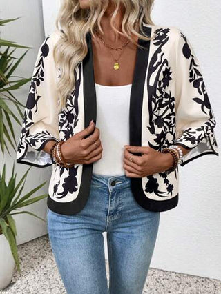 EMERY ROSE معطف نسائي كاجوال فضفاض بفتحات أمامية عارية، من قماش خفيف ومنقوش بطباعة نباتات، بأكمام ثلاثة أرباع للاستخدام في العطلات
