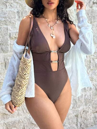 Swim Glamine زي سباحة قطعة واحدة للنساء بلون أحادي ظهره عاري، مناسب للشاطئ والعطلات