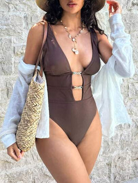 Swim Glamine زي سباحة قطعة واحدة للنساء بلون أحادي ظهره عاري، مناسب للشاطئ والعطلات