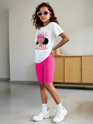 girls-sets صيفي شورت لطيف مطبوع وملائم باللون البنفسجي الغامق للبنات