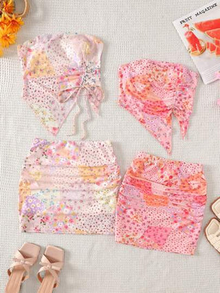 girls-sets توب تيوب زهري مرقع مع شبكة محبوكة وسحاب، تنورة ضيقة مصغرة - مجموعة ملابس 2 قطعة كاجوال للمراهقات للعطلات، ملابس متطابقة مع الأم "تباع المجموعتان بشكل منفصل"