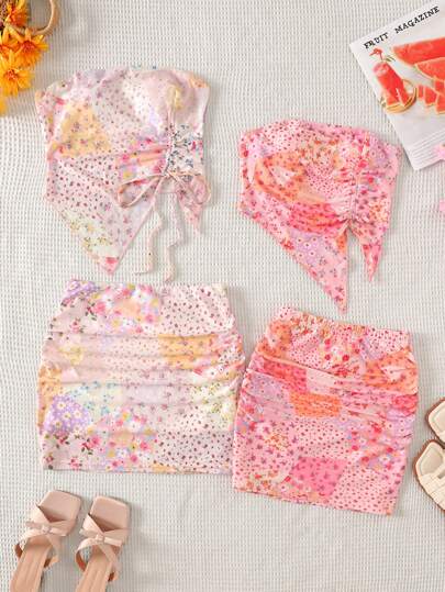 girls-sets توب تيوب زهري مرقع مع شبكة محبوكة وسحاب، تنورة ضيقة مصغرة - مجموعة ملابس 2 قطعة كاجوال للمراهقات للعطلات، ملابس متطابقة مع الأم 