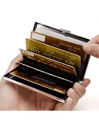 محفظة بطاقات ائتمانية مزدوجة الجانب من الجلد مزودة بحماية RFID، محفظة بطاقات ائتمانية من الفولاذ المقاوم للصدأ، محفظة بطاقة أعمال، محفظة مبطنة للنساء والرجال، محفظة صغيرة، محفظة هدايا صغيرة للرجال والنساء