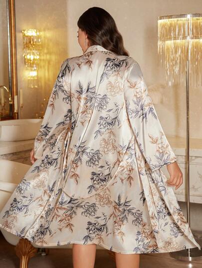 SHEIN MuseNap CURVE مجموعة فستان نوم وردة حزام من الحرير الصناعي المطبوع للمقاسات الكبيرة، تفاصيل مريحة وأنيقة، ملابس، خريف وشتاء