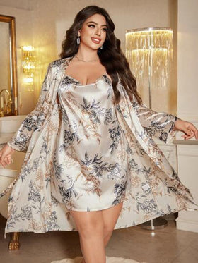 SHEIN MuseNap CURVE مجموعة فستان نوم وردة حزام من الحرير الصناعي المطبوع للمقاسات الكبيرة، تفاصيل مريحة وأنيقة، ملابس، خريف وشتاء