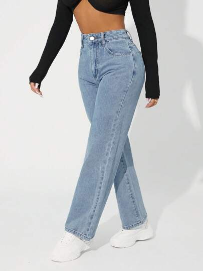 SHEIN PETITE بنطلون جينز نسائي بقصة مستقيمة وأرجل فضفاضة وفضفاضة وجيوب