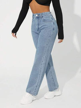 SHEIN PETITE بنطلون جينز نسائي بقصة مستقيمة وأرجل فضفاضة وفضفاضة وجيوب