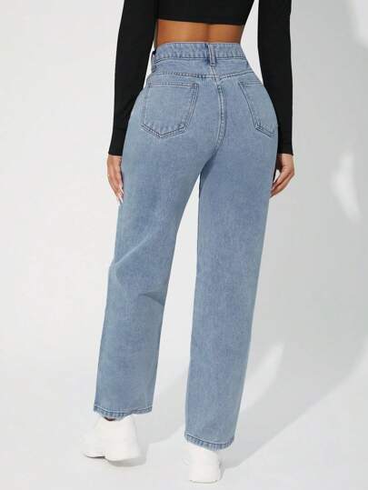 SHEIN PETITE بنطلون جينز نسائي بقصة مستقيمة وأرجل فضفاضة وفضفاضة وجيوب