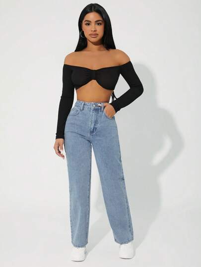 SHEIN PETITE بنطلون جينز نسائي بقصة مستقيمة وأرجل فضفاضة وفضفاضة وجيوب