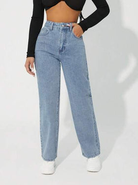 SHEIN PETITE بنطلون جينز نسائي بقصة مستقيمة وأرجل فضفاضة وفضفاضة وجيوب