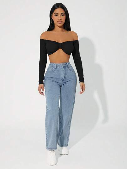 SHEIN PETITE بنطلون جينز نسائي بقصة مستقيمة وأرجل فضفاضة وفضفاضة وجيوب