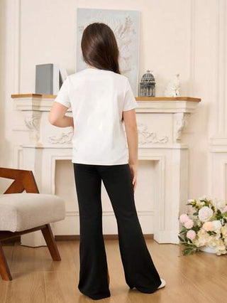 girls-sets طقم ملابس علوية قصيرة الأكمام بياقة دائرية ذات برّاقة الكريستال والفراشة و سروال واسع، لبس نسائي رقيق ومتنوع باللونين الأبيض والأسود، قطعتان/مجموعة