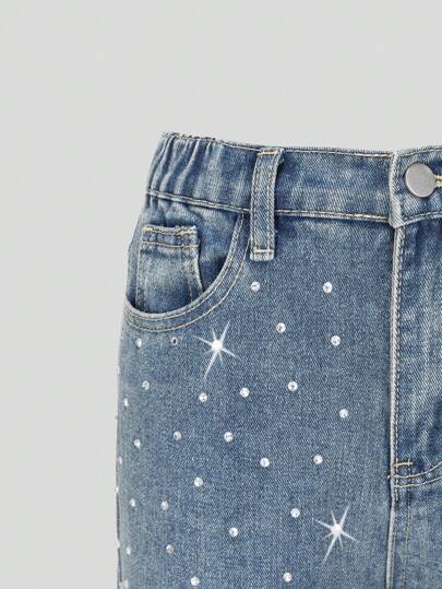 SHEIN ChillGRL بنطلون جينز مرصع بالراين لفتيات المراهقات بطراز Y2K، بناطيل جينز ناعمة بقصة فضفاضة وساق مرتفعة عصرية وكاجوال