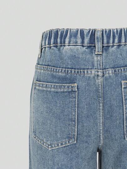 SHEIN ChillGRL بنطلون جينز مرصع بالراين لفتيات المراهقات بطراز Y2K، بناطيل جينز ناعمة بقصة فضفاضة وساق مرتفعة عصرية وكاجوال