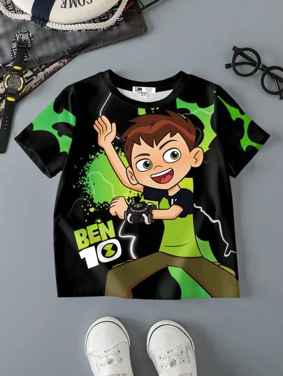 فستان أطفال BEN 10 X  تي شيرت كاجوال أسود للفتى بطبعة رعدية كارتونية طباعة بواقص قصير الأكمام رقبة دائرية، مريح للصيف