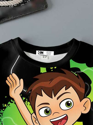 فستان أطفال BEN 10 X  تي شيرت كاجوال أسود للفتى بطبعة رعدية كارتونية طباعة بواقص قصير الأكمام رقبة دائرية، مريح للصيف