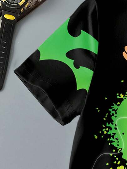 فستان أطفال BEN 10 X  تي شيرت كاجوال أسود للفتى بطبعة رعدية كارتونية طباعة بواقص قصير الأكمام رقبة دائرية، مريح للصيف