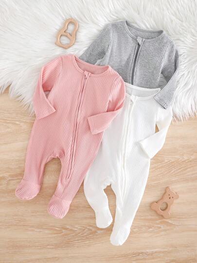 SHEIN 3 مجموعات رومبير وبيجامة نوم للطفل حديث الولادة بأكمام طويلة, بسحاب أمامي، محبوكة بالنسيج المرن