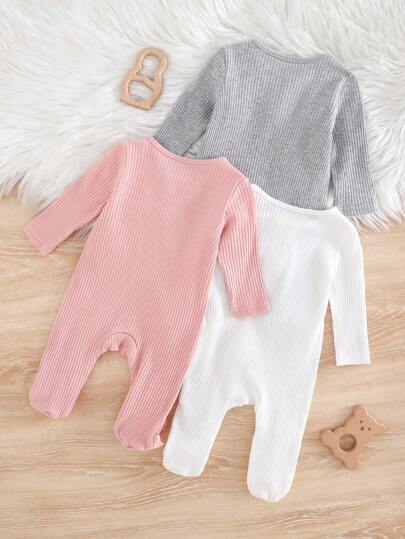 SHEIN 3 مجموعات رومبير وبيجامة نوم للطفل حديث الولادة بأكمام طويلة, بسحاب أمامي، محبوكة بالنسيج المرن
