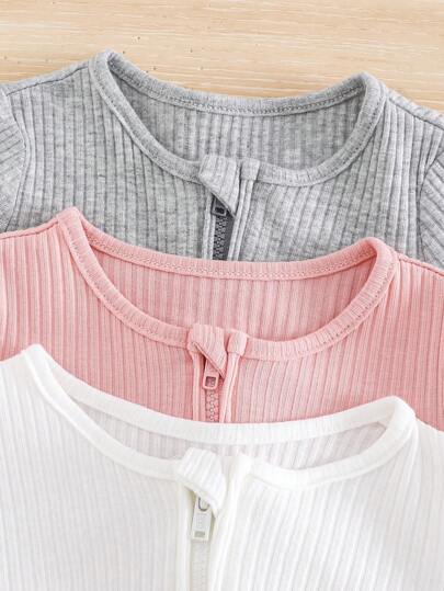 SHEIN 3 مجموعات رومبير وبيجامة نوم للطفل حديث الولادة بأكمام طويلة, بسحاب أمامي، محبوكة بالنسيج المرن